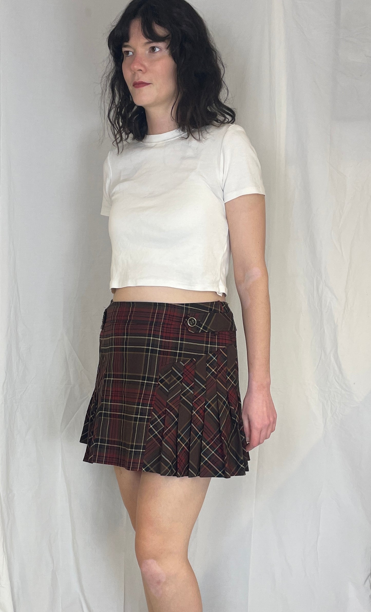 Vintage 90s Burgandy Tartan Pleated Wool Mini Skirt - Size 12