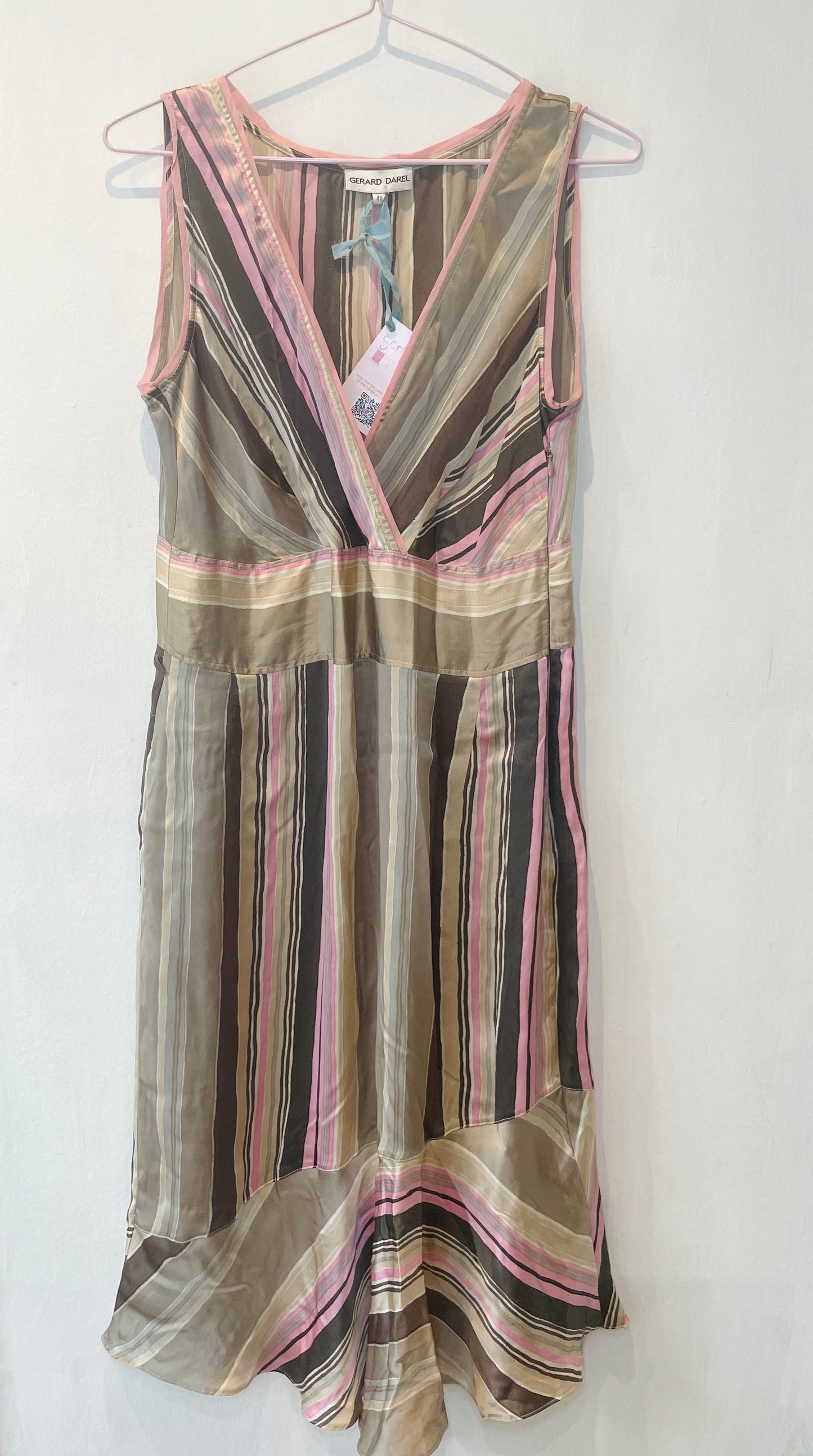 Vintage 90s Pink Striped Ruffle Hem Silk Midi Dress - Up To Size 10