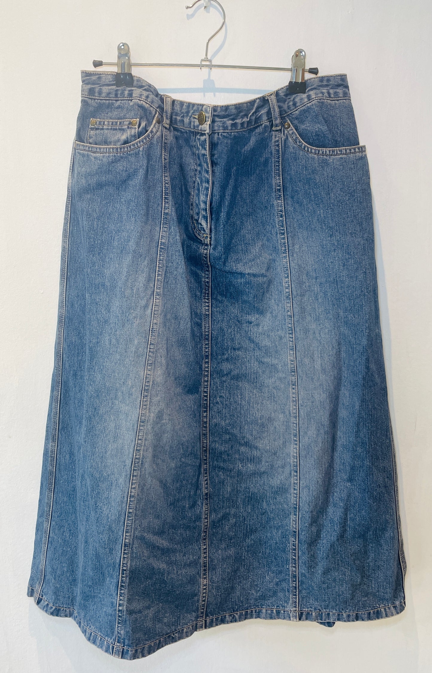Vintage 90s Blue Denim Panelled Midi Skirt - Size 14