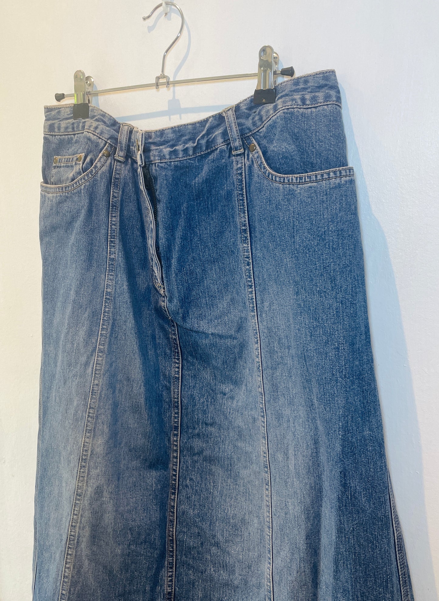 Vintage 90s Blue Denim Panelled Midi Skirt - Size 14