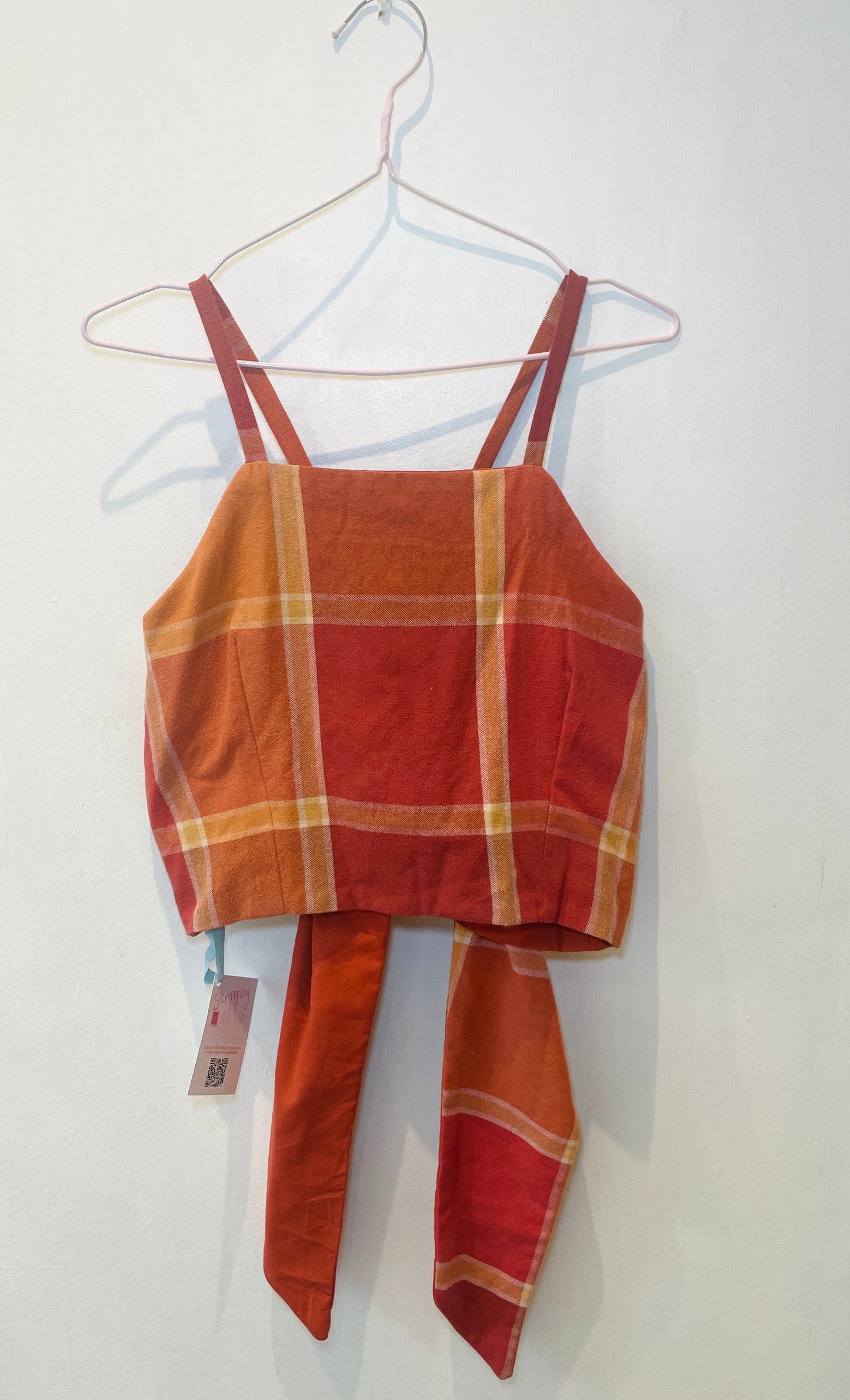 Zarah Handmade Orange Checked Cross Strap Tie Back Crop Top - Up To Size 10