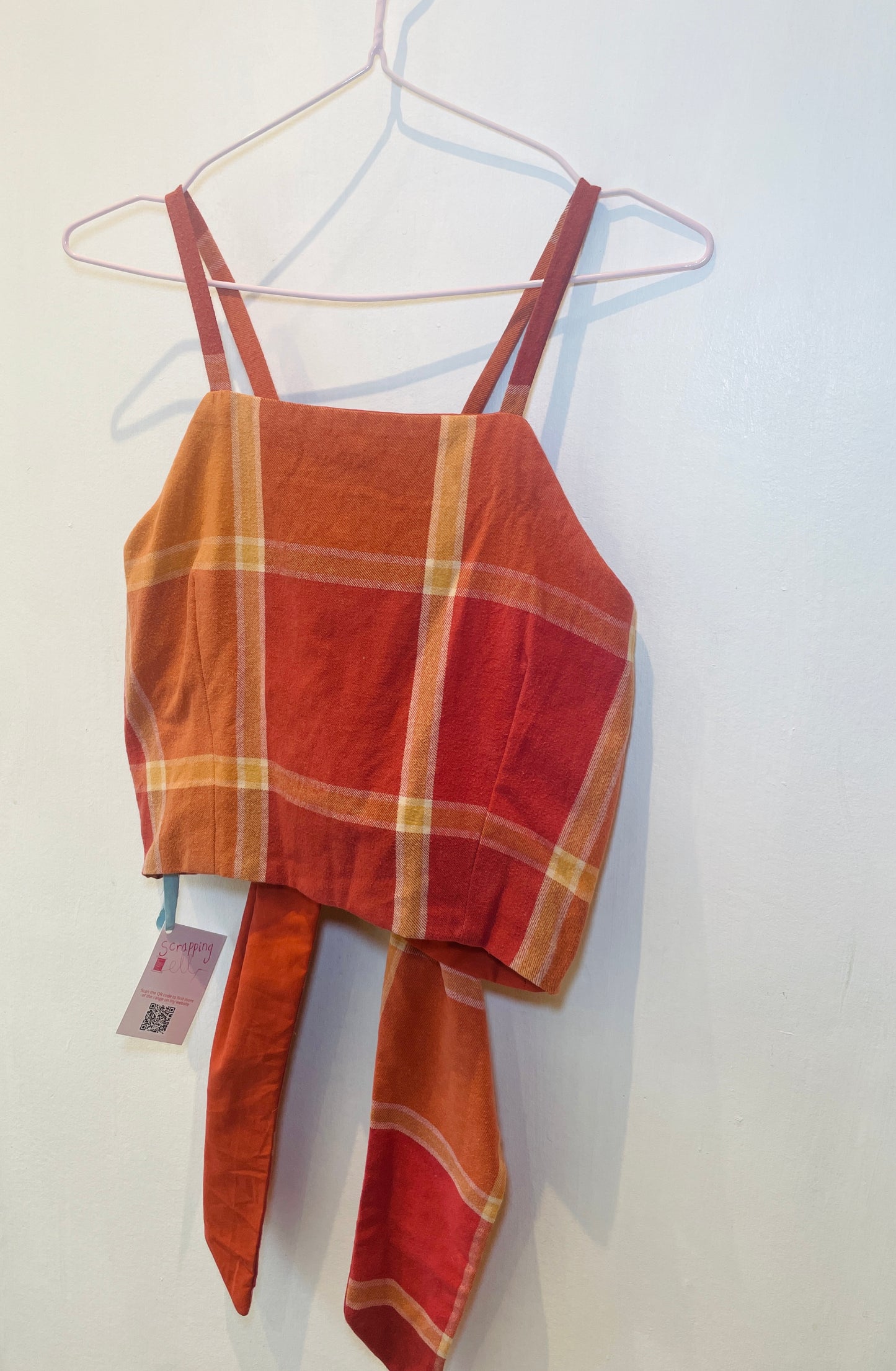 Zarah Handmade Orange Checked Cross Strap Tie Back Crop Top - Up To Size 10