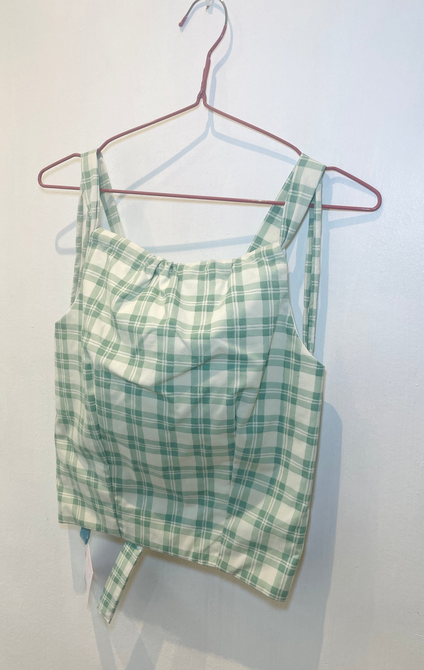 Sally Handmade Green Checked Lace Up Tie Back Crop Top - Up To Size 10
