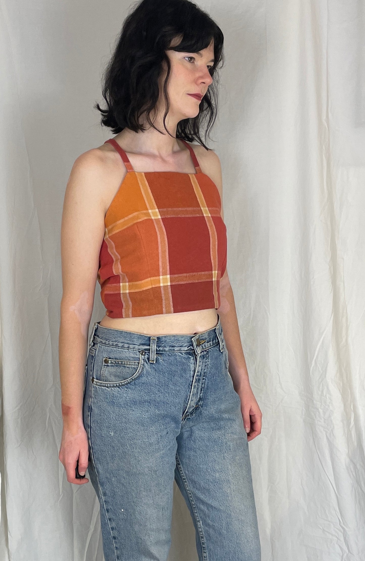 Zarah Handmade Orange Checked Cross Strap Tie Back Crop Top - Up To Size 10