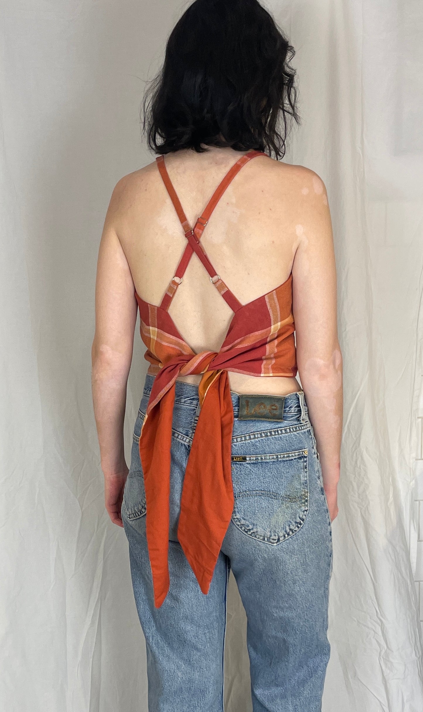 Zarah Handmade Orange Checked Cross Strap Tie Back Crop Top - Up To Size 10