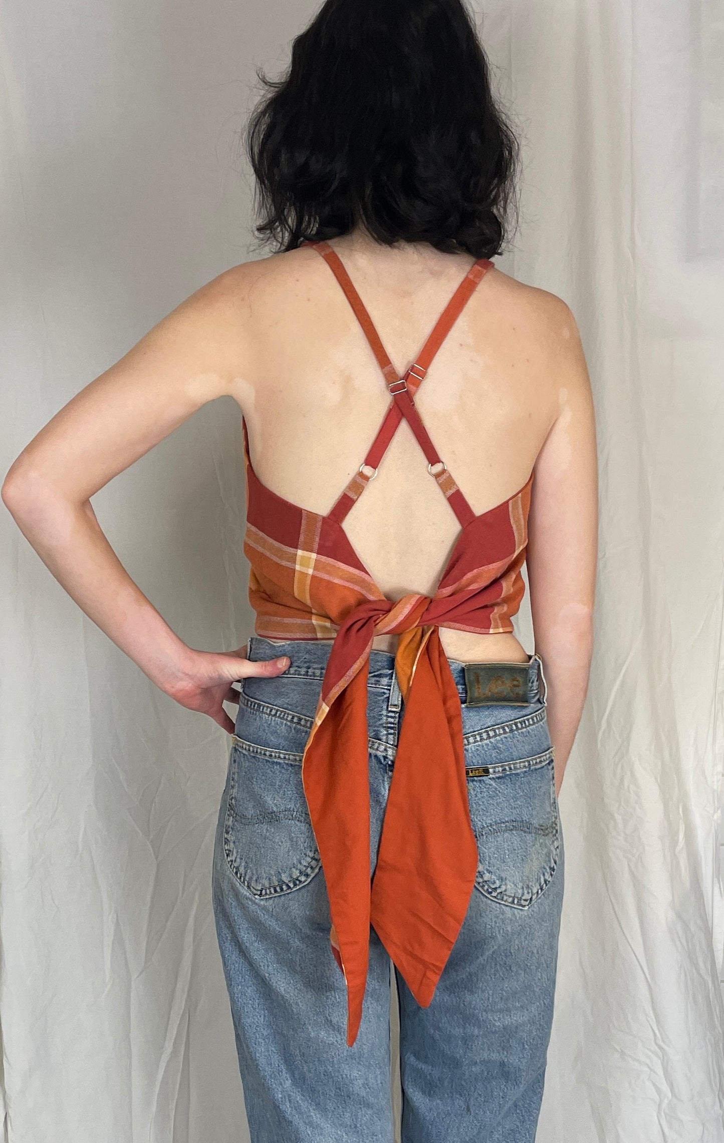 Zarah Handmade Orange Checked Cross Strap Tie Back Crop Top - Up To Size 10