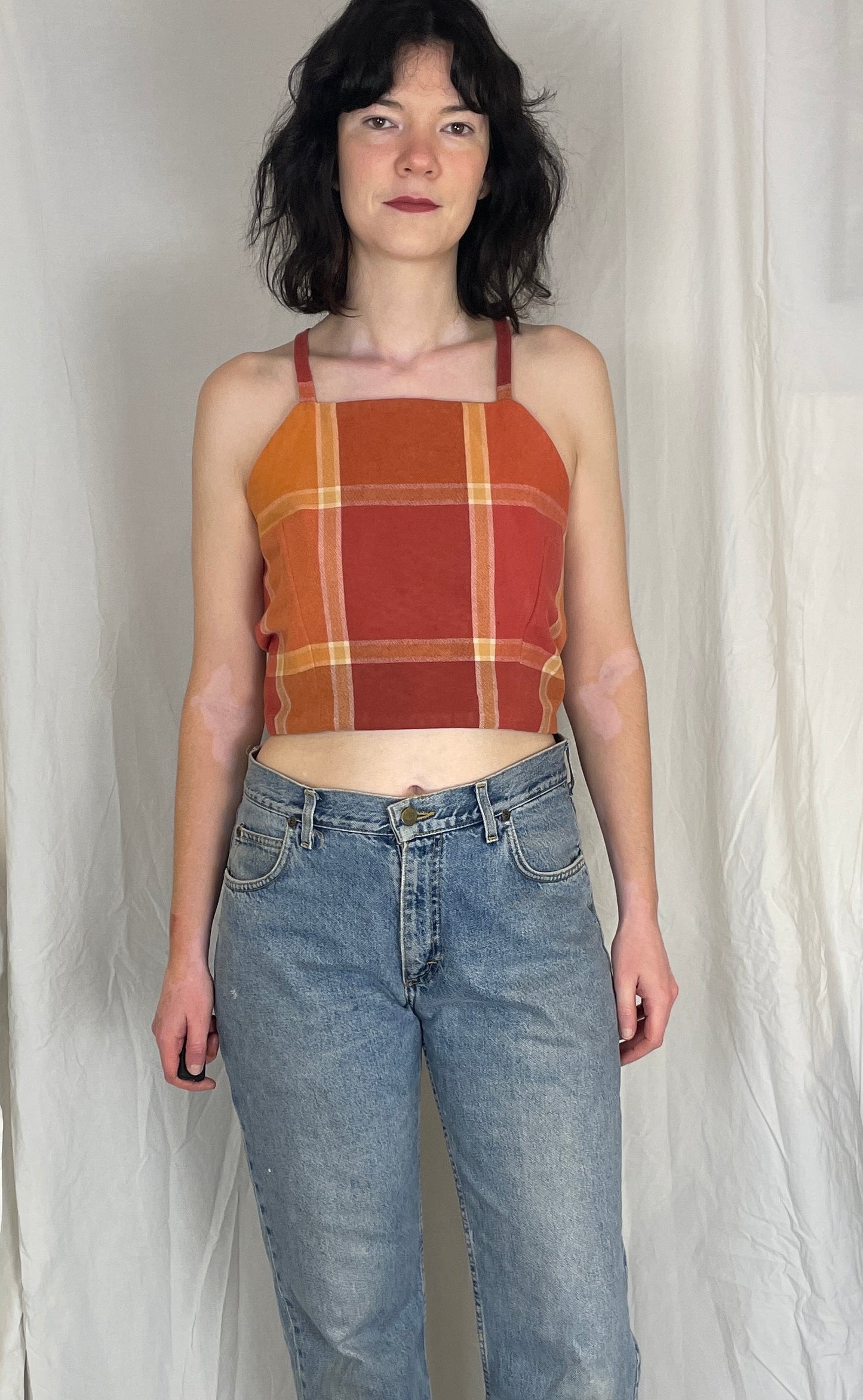 Zarah Handmade Orange Checked Cross Strap Tie Back Crop Top - Up To Size 10