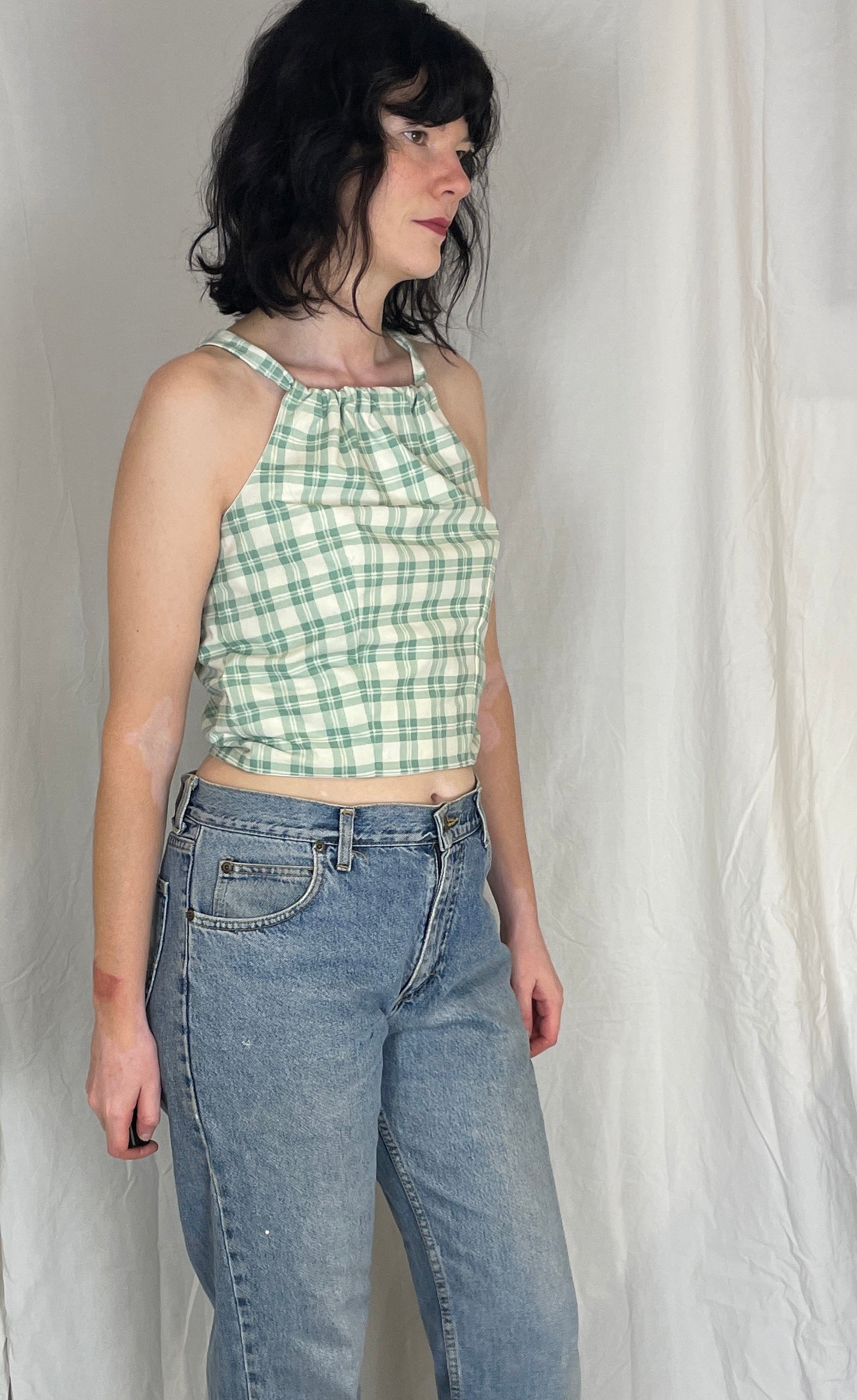 Sally Handmade Green Checked Lace Up Tie Back Crop Top - Up To Size 10