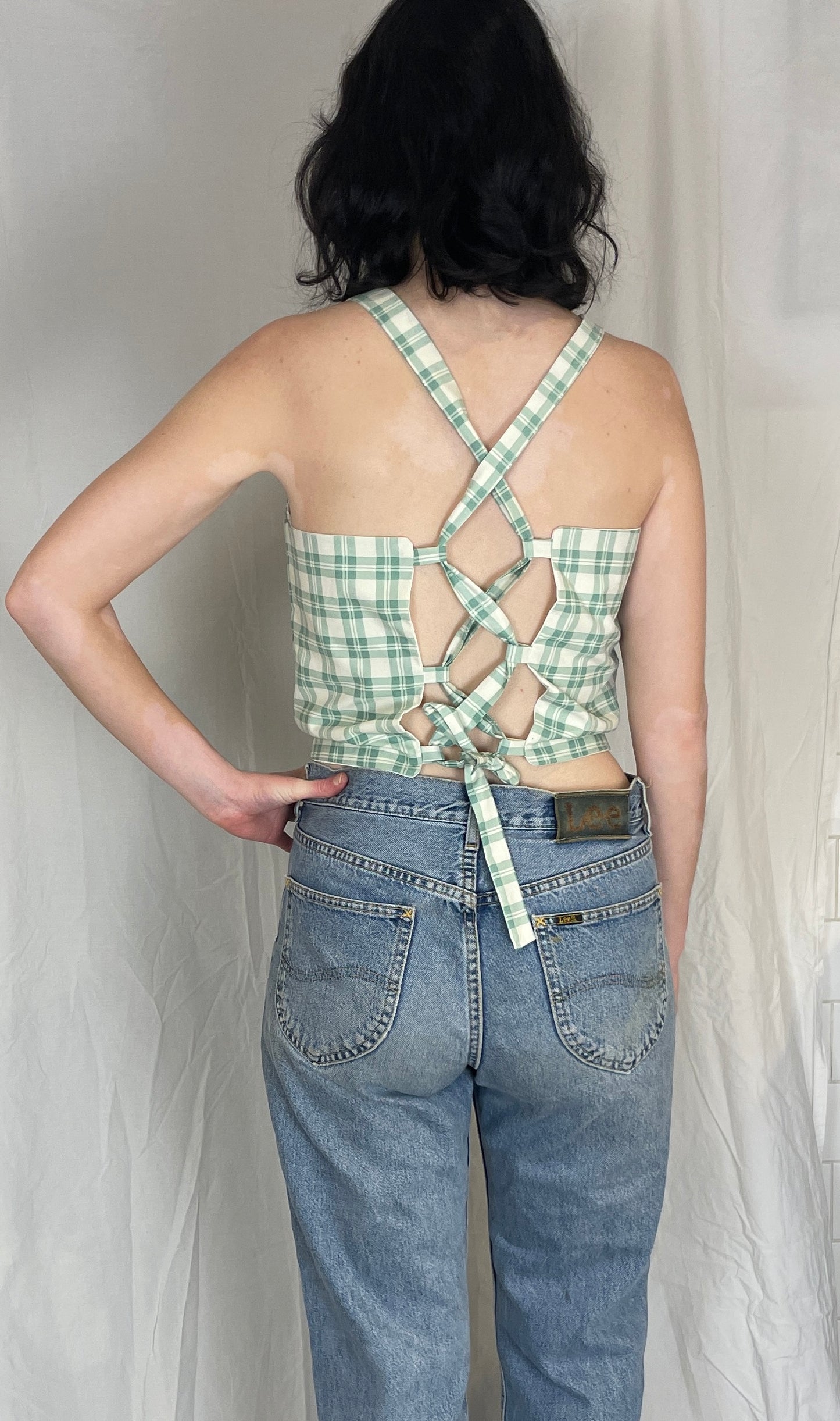 Sally Handmade Green Checked Lace Up Tie Back Crop Top - Up To Size 10