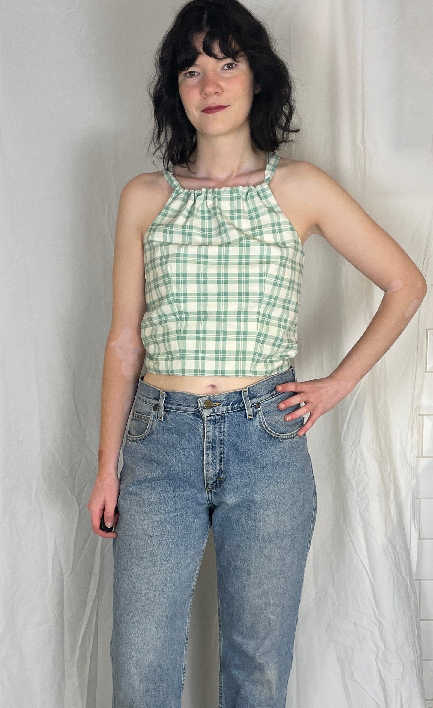 Sally Handmade Green Checked Lace Up Tie Back Crop Top - Up To Size 10