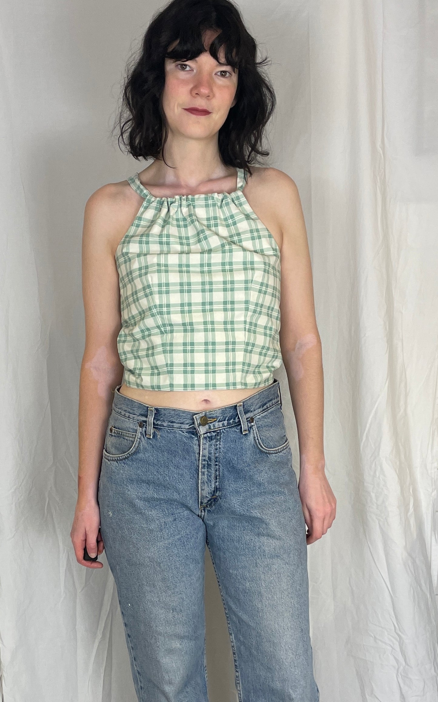 Sally Handmade Green Checked Lace Up Tie Back Crop Top - Up To Size 10