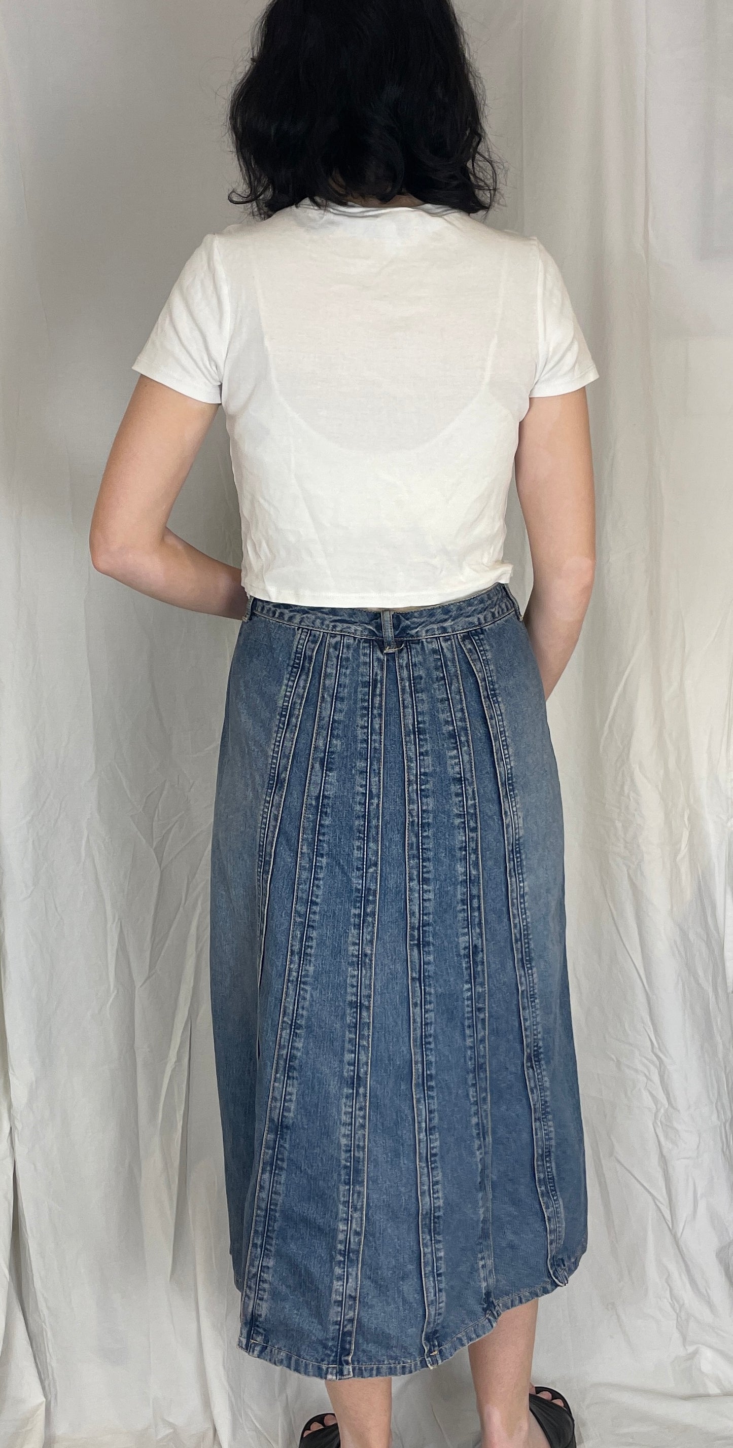 Vintage 90s Blue Denim Panelled Midi Skirt - Size 14