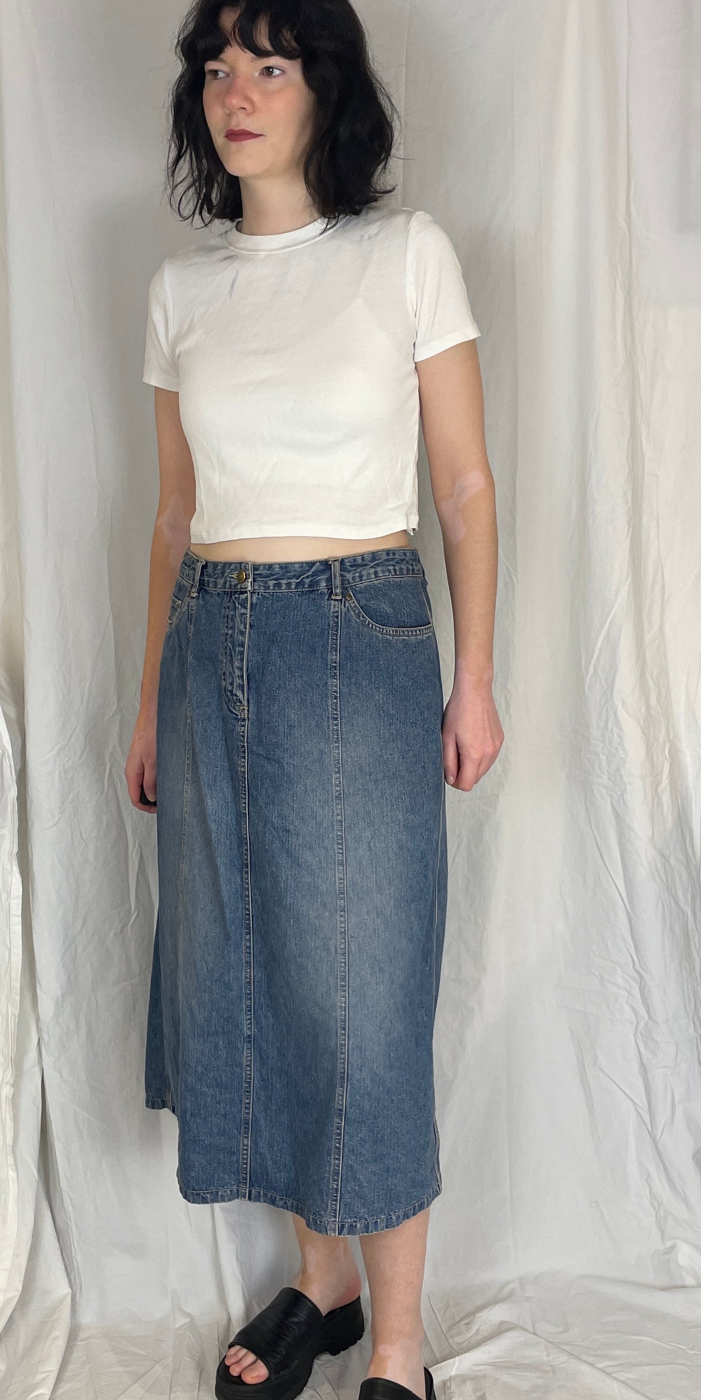 Vintage 90s Blue Denim Panelled Midi Skirt - Size 14