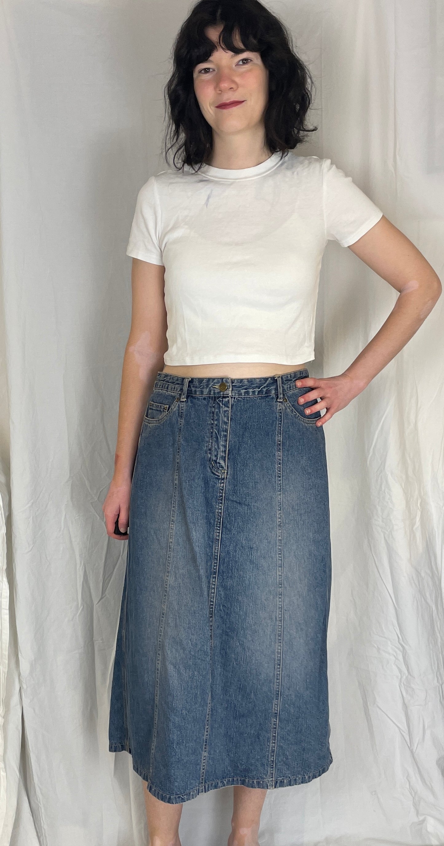 Vintage 90s Blue Denim Panelled Midi Skirt - Size 14