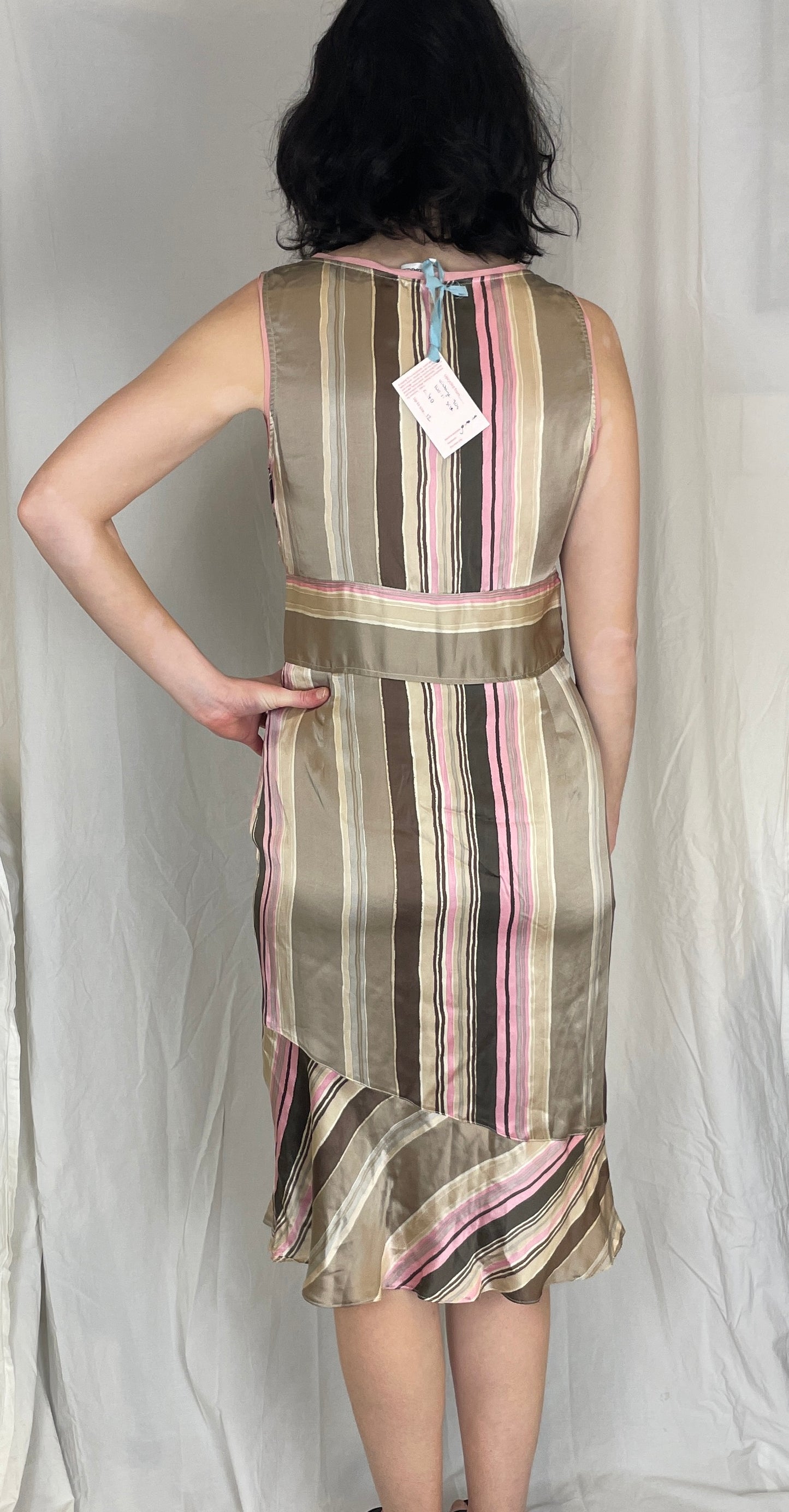 Vintage 90s Pink Striped Ruffle Hem Silk Midi Dress - Up To Size 10