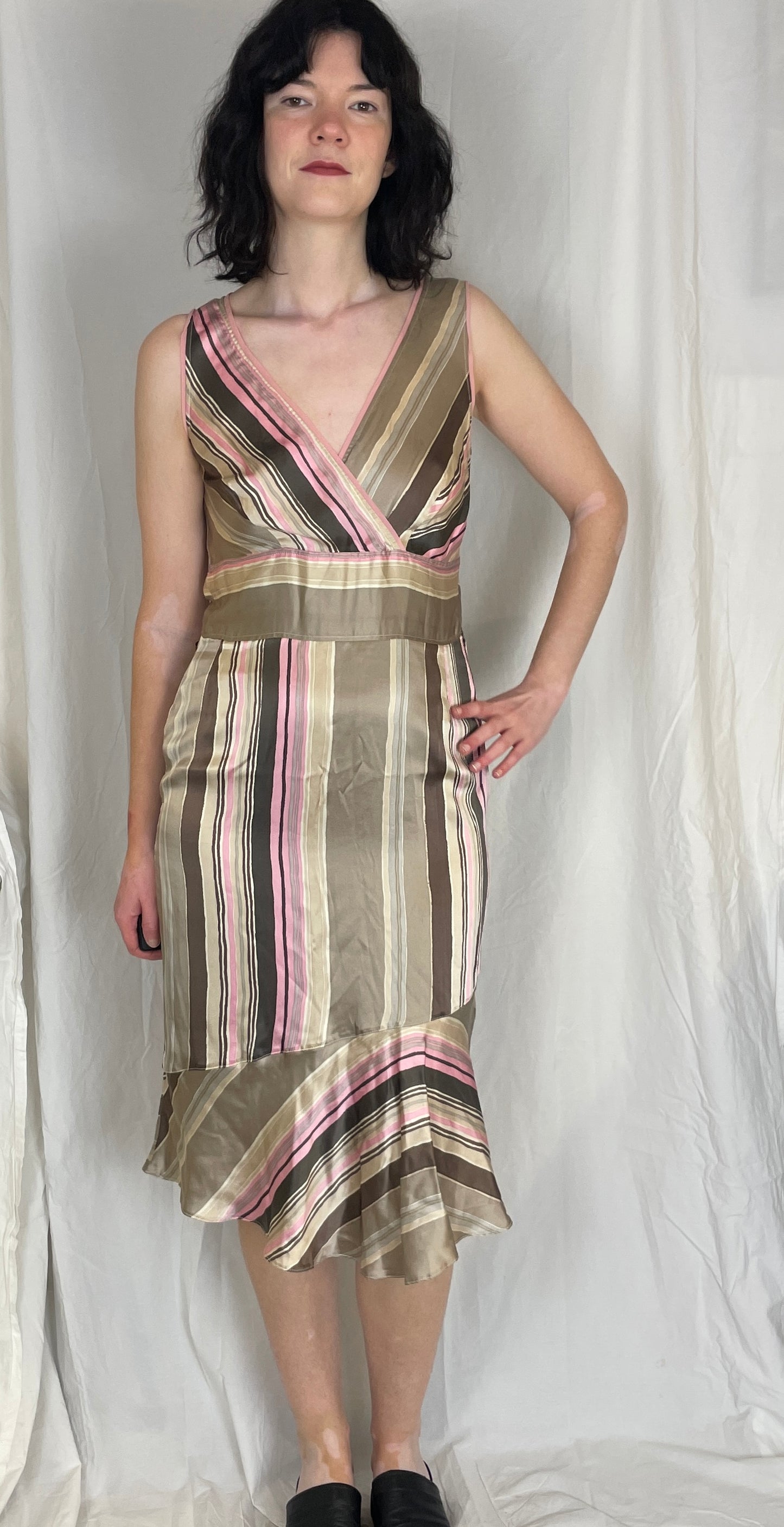 Vintage 90s Pink Striped Ruffle Hem Silk Midi Dress - Up To Size 10