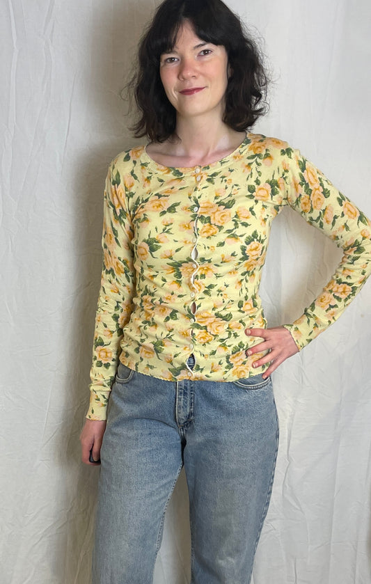 Vintage Y2K Yellow and Pink Rose Print Cardigan - Up To Size 8