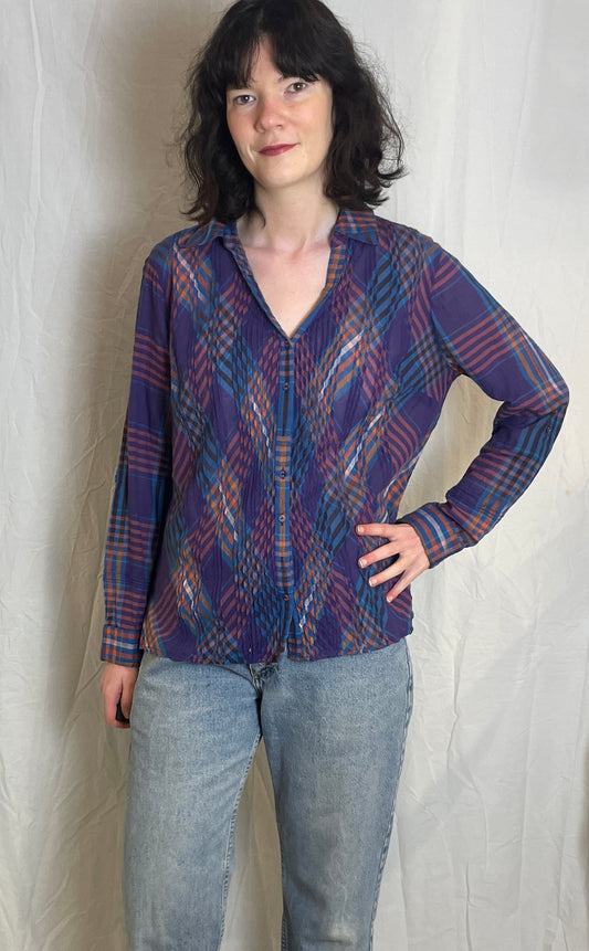 Vintage Y2K Purple Checked Pintucked V-neck Shirt - Up To Size 14
