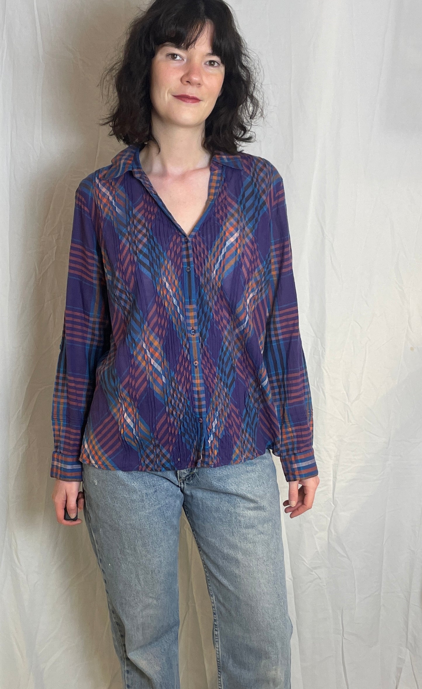 Vintage Y2K Purple Checked Pintucked V-neck Shirt - Up To Size 14