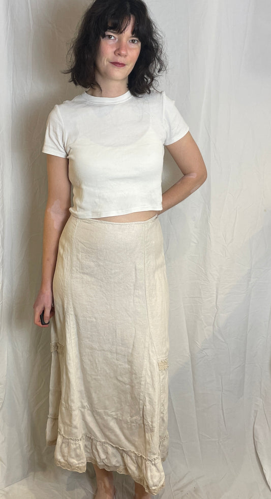 Vintage Y2K Beige Lace Trim Ruffle Hem Linen Maxi Skirt - Size 12