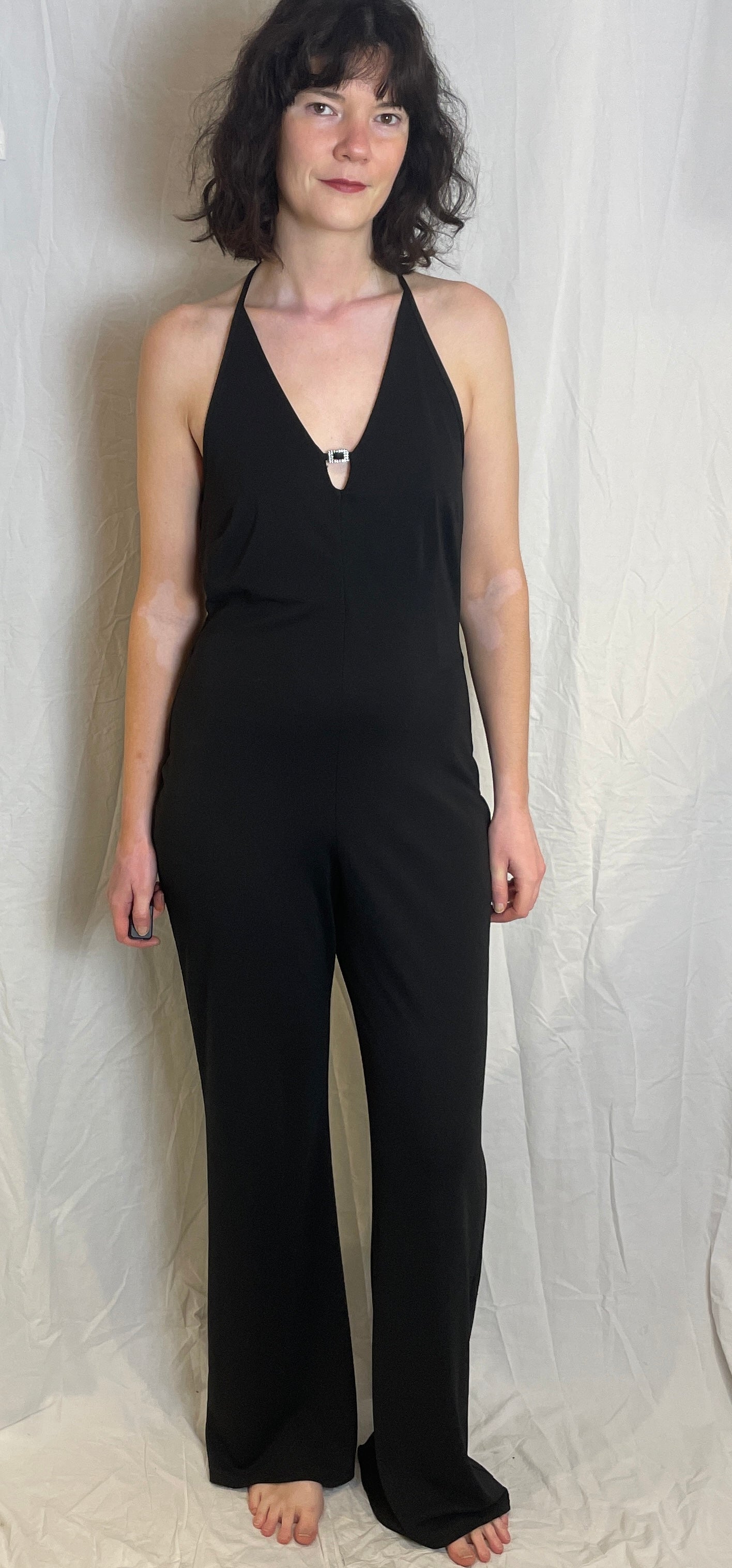 Vintage Y2K Black Halterneck Flared Jumpsuit with Diamante Buckle - Size 12