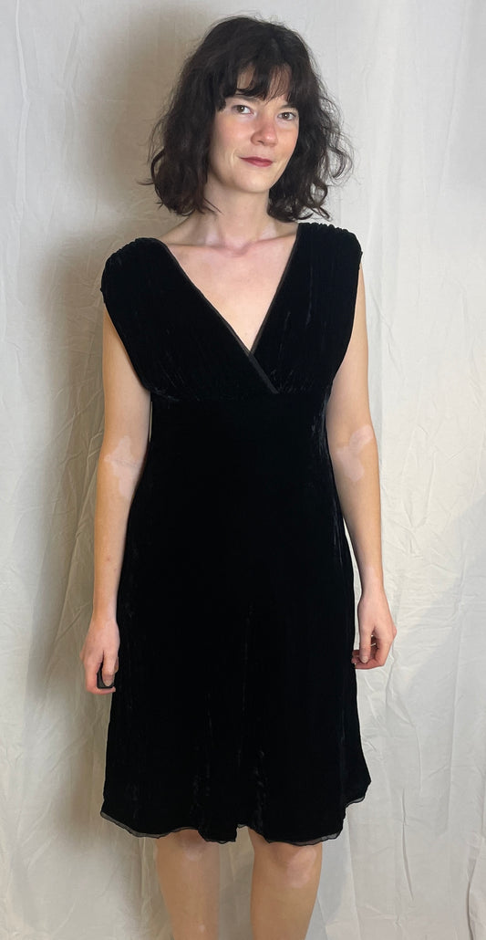 Vintage 90s Black Silk Velvet Ruched Midi Dress - Up To Size 12