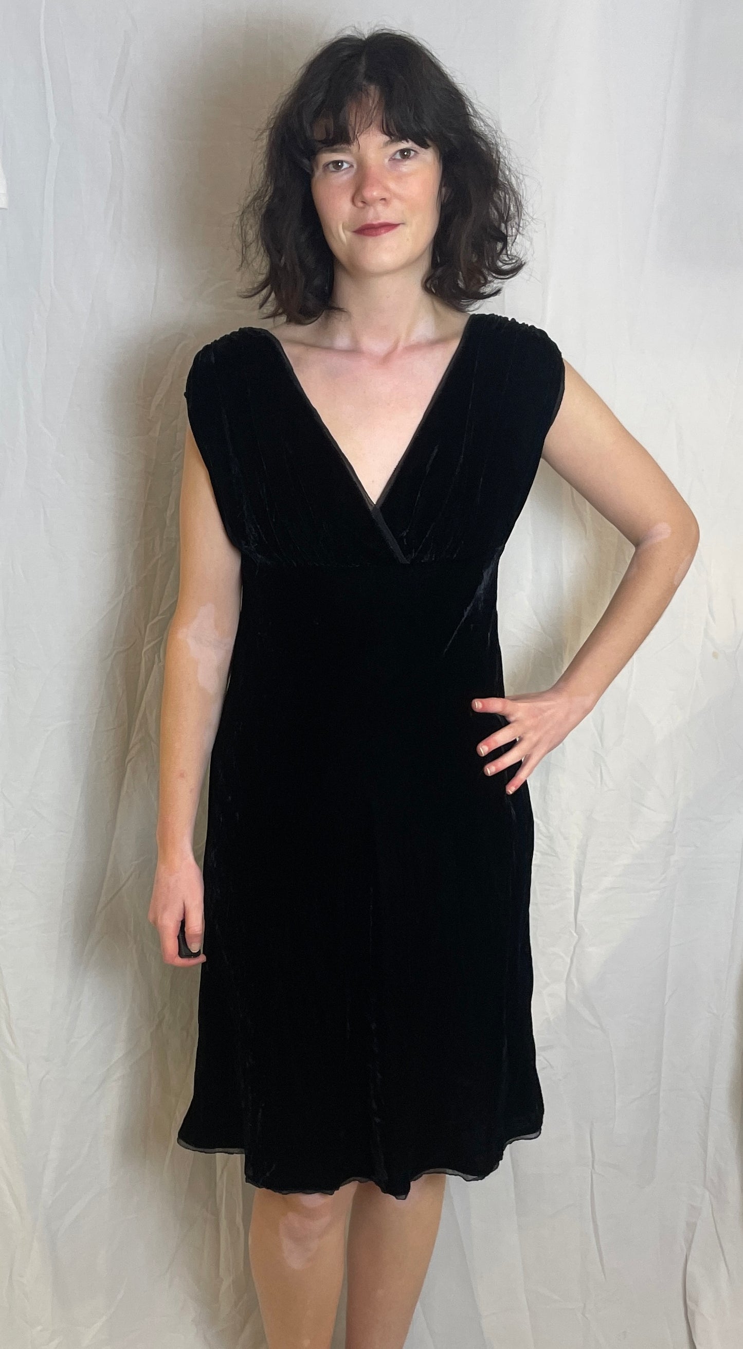 Vintage 90s Black Silk Velvet Ruched Midi Dress - Up To Size 12