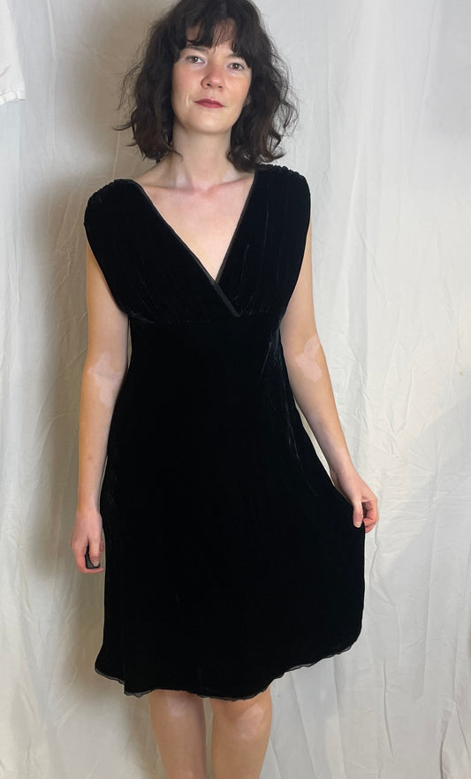 Vintage 90s Black Silk Velvet Ruched Midi Dress - Up To Size 12