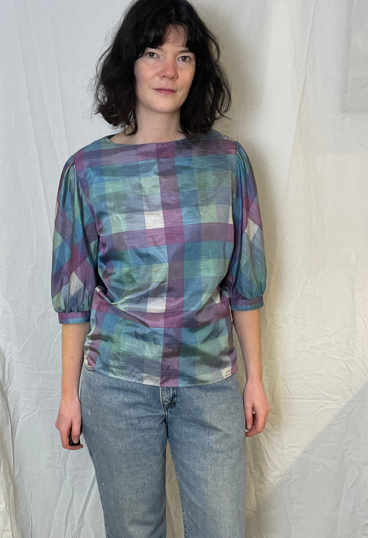 Vintage 80s Blue and Purple Checked Puff Sleeve Satin Blouse - Up To Size 12