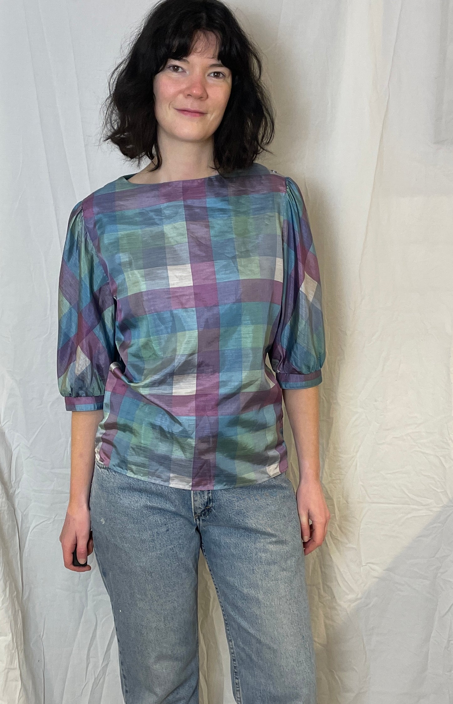 Vintage 80s Blue and Purple Checked Puff Sleeve Satin Blouse - Up To Size 12