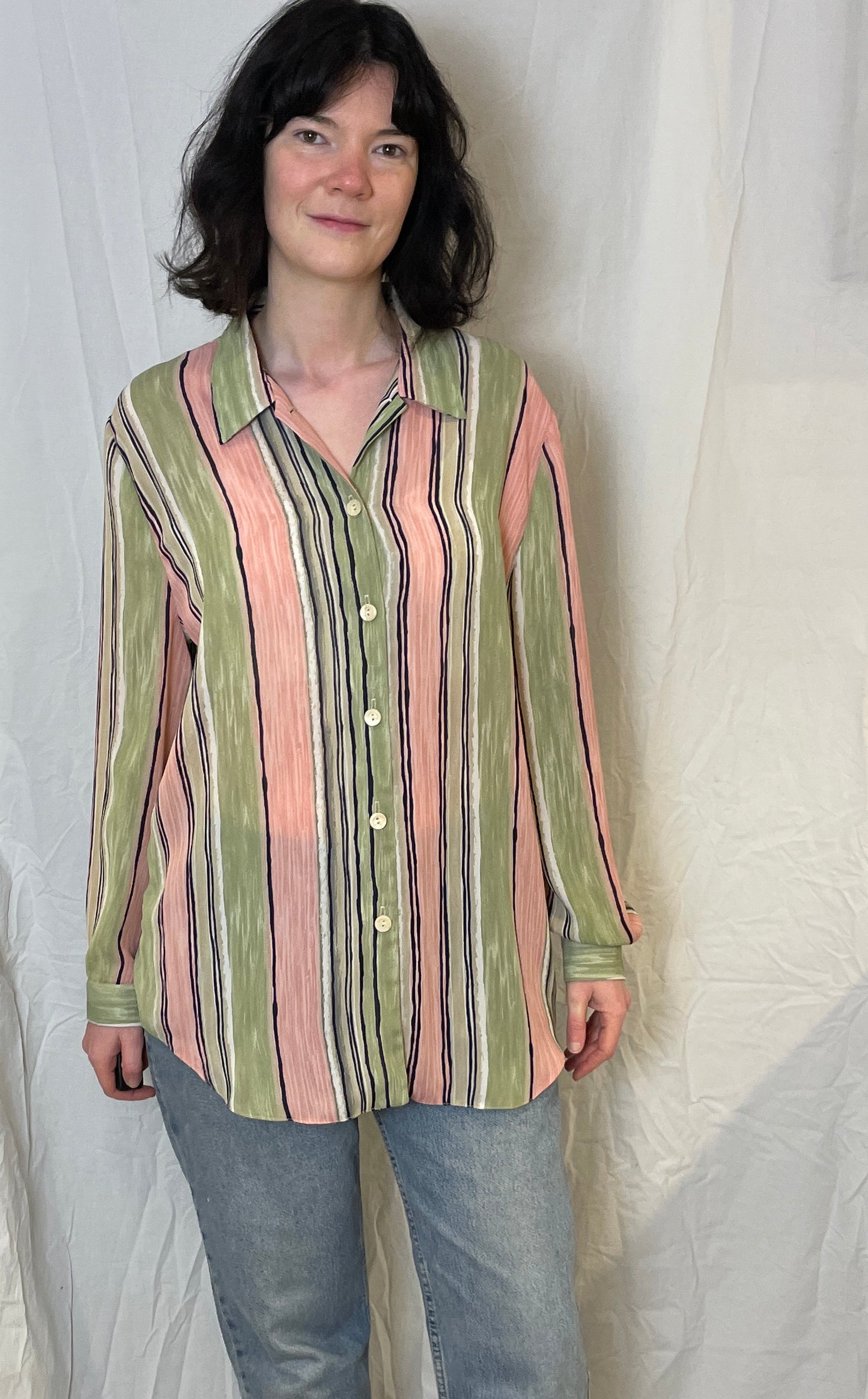Vintage 80s Pink and Green Striped Chiffon Shirt - Up To Size 14