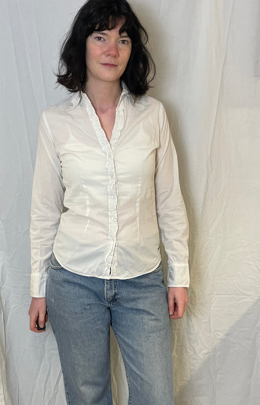 Vintage 90s Tommy Hilfiger White Ruffle Front Fitted Shirt - Up To Size 10