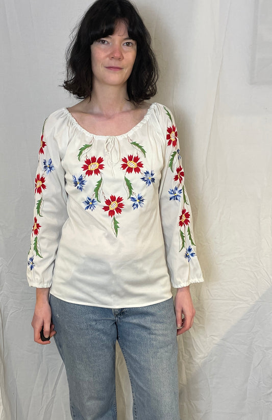 Vintage 90s White and Red Floral Embroidered Blouse - Up To Size 12