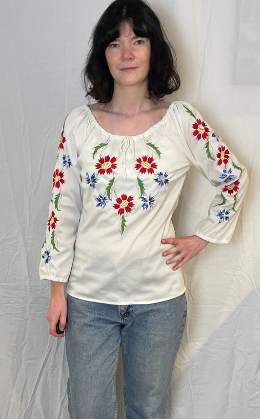 Vintage 90s White and Red Floral Embroidered Blouse - Up To Size 12