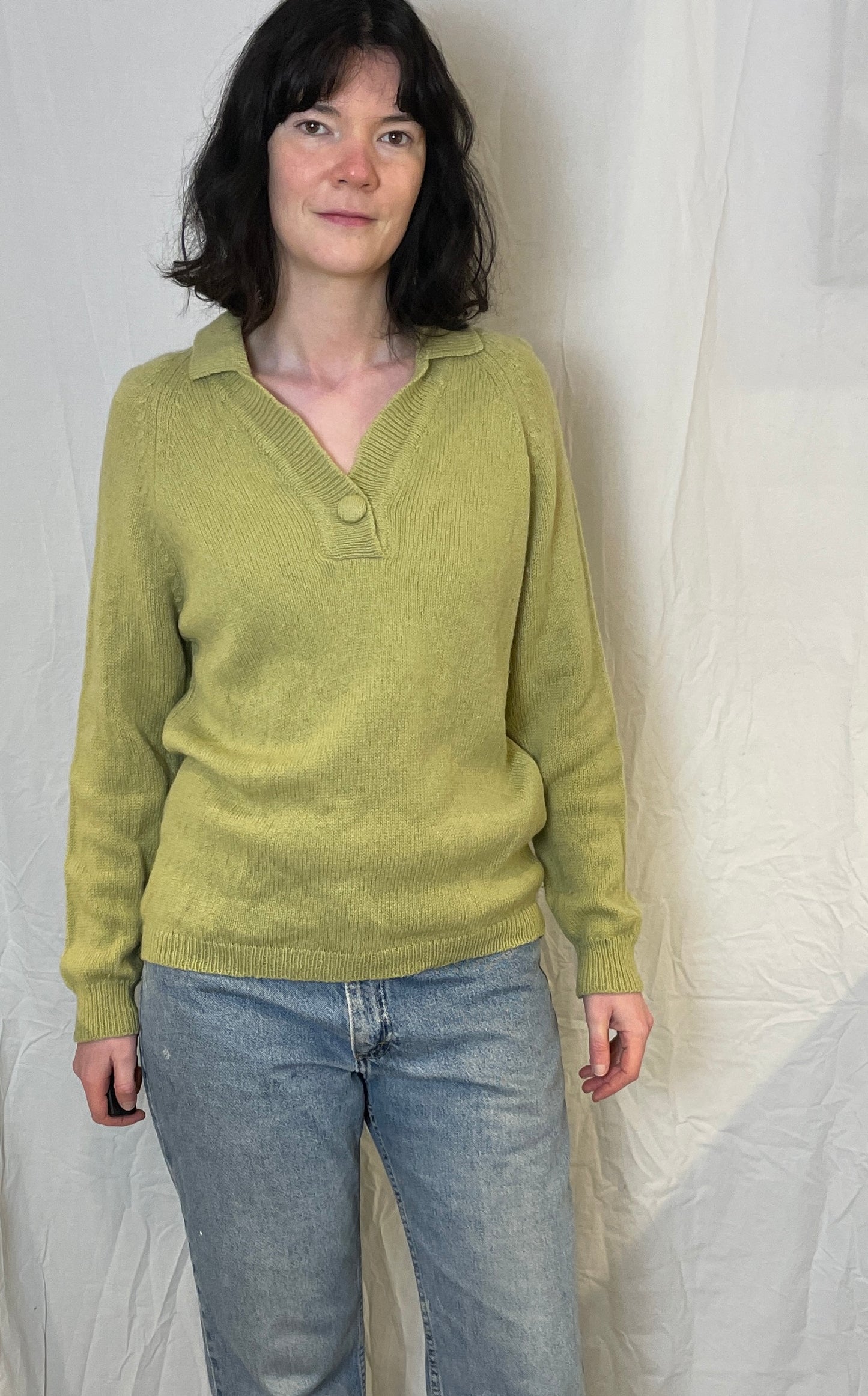 Vintage 90s Pale Green V-Neck Knitted Collared Jumper - Up To Size 12