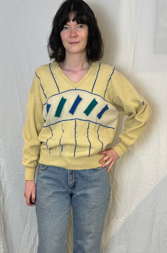 Vintage 80s Pringle Pale Yellow Retro Knitted Wool Jumper - Size M