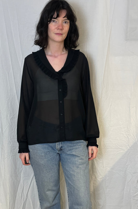 Vintage 80s Black Sheer Chiffon Ruffle Neckline Blouse - Up To Size 14