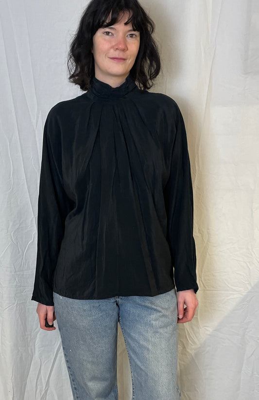 Vintage 80s Aquascutum Black Silk High Neck Trapeze Blouse - Up To Size 12