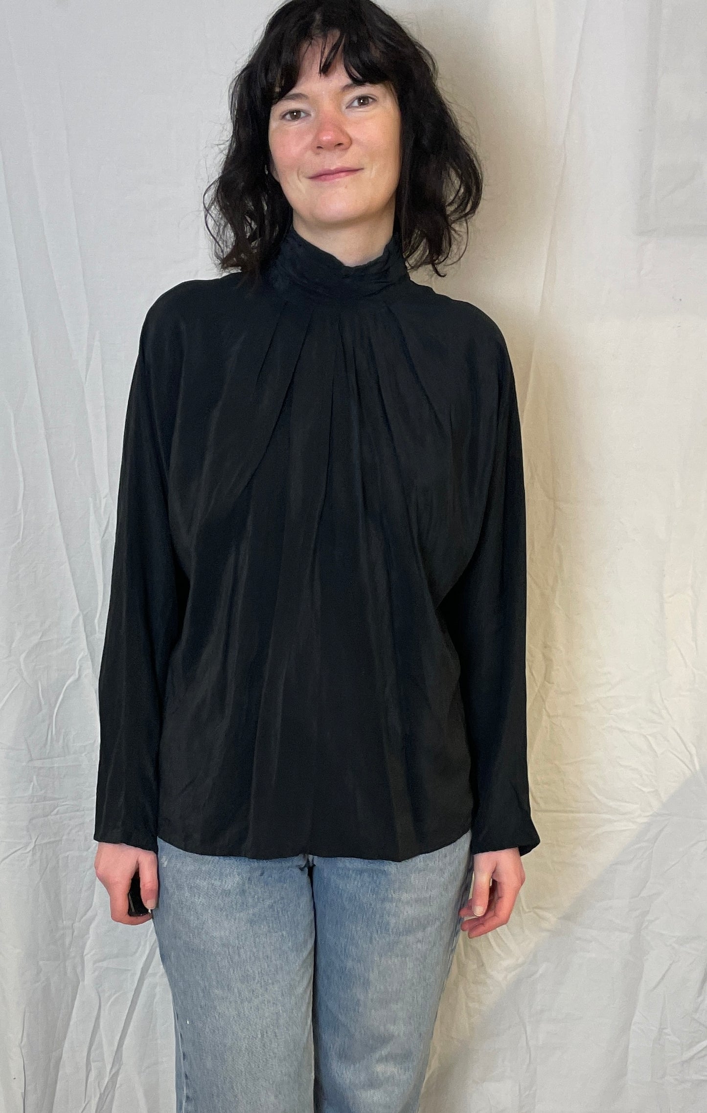 Vintage 80s Aquascutum Black Silk High Neck Trapeze Blouse - Up To Size 12