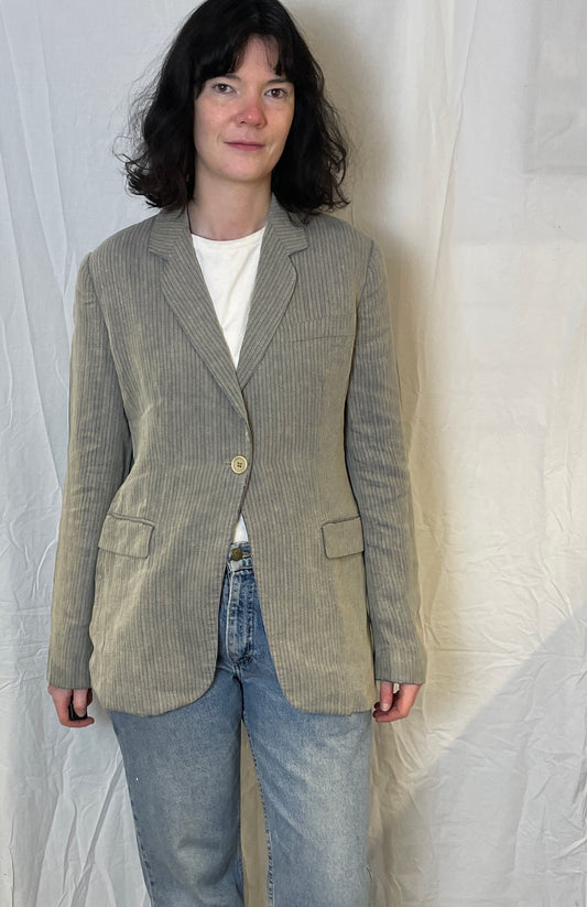 Vintage 90s Armani Grey Striped Fitted Blazer with Silk Lining - Up To Size 12