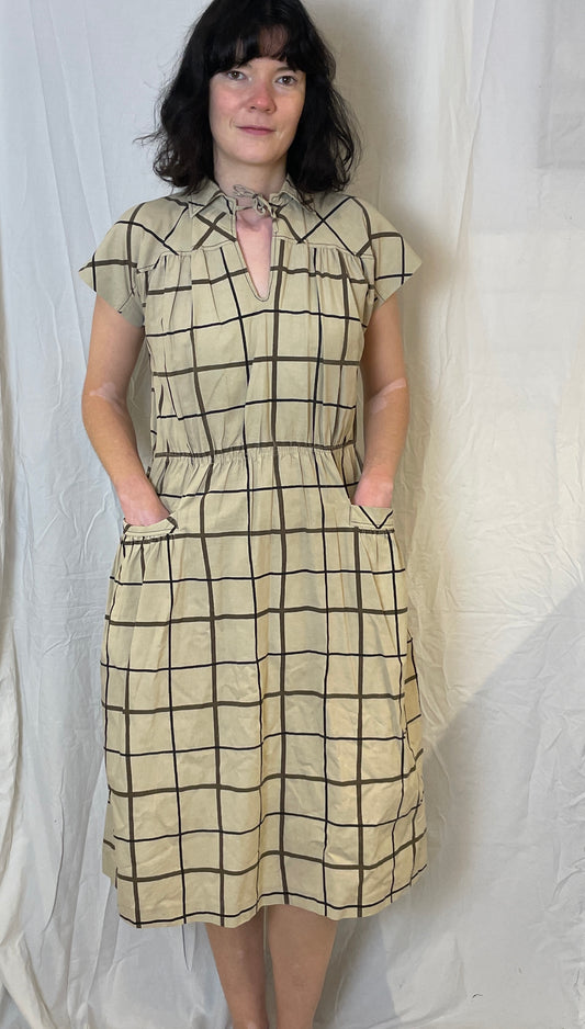 Vintage 70s Brown Cotton Checked Midi Dress - Up To Size 12