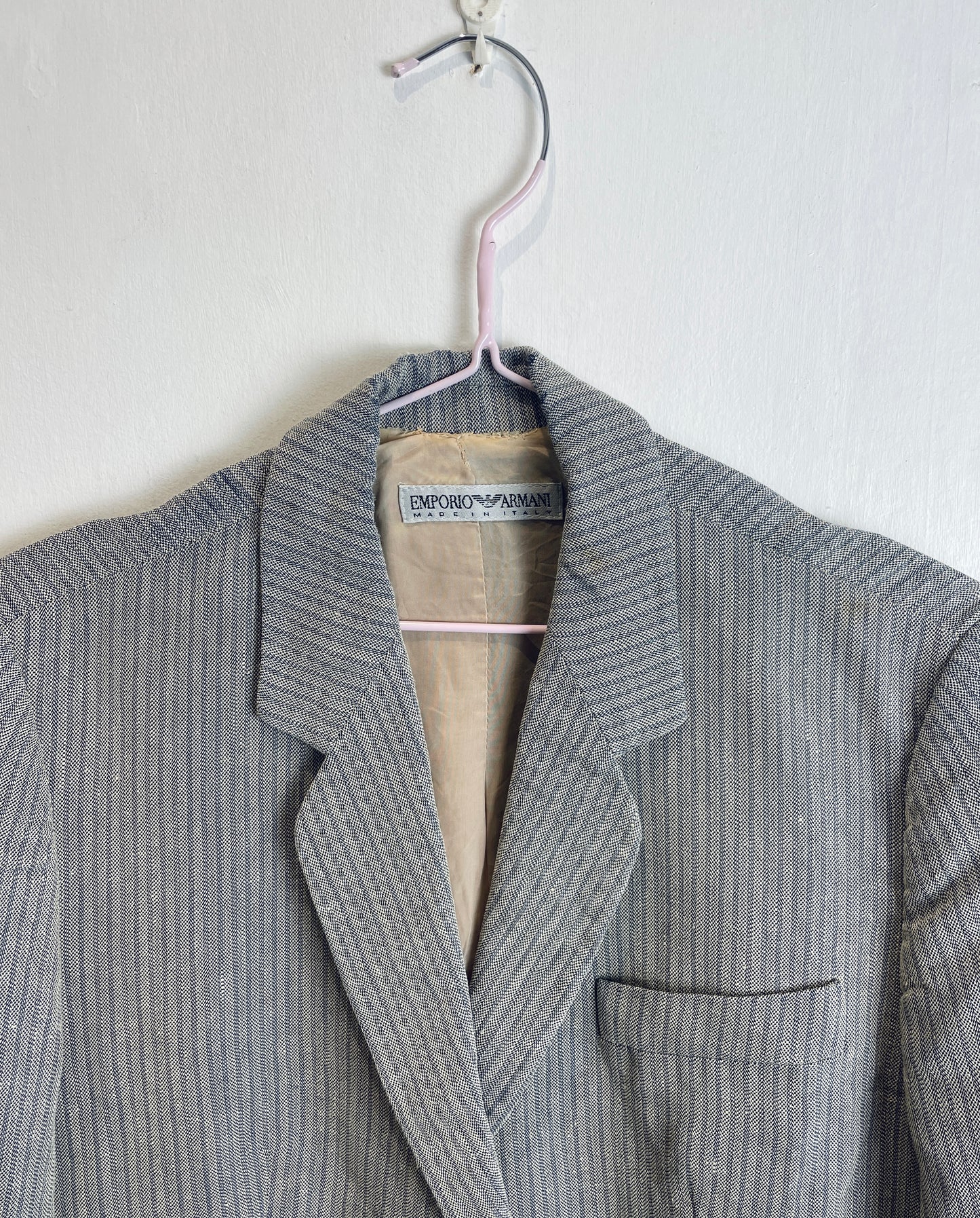 Vintage 90s Armani Grey Striped Fitted Blazer with Silk Lining - Up To Size 12