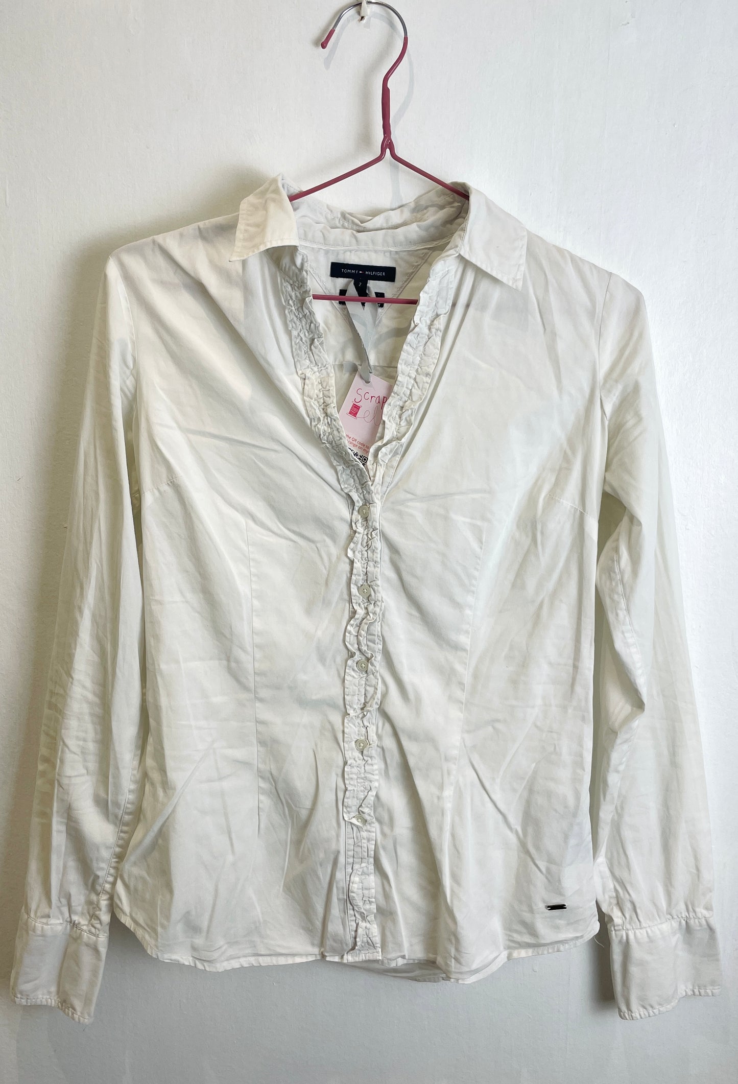 Vintage 90s Tommy Hilfiger White Ruffle Front Fitted Shirt - Up To Size 10