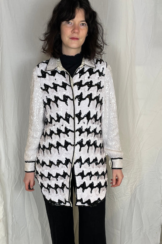 Vintage Y2K Black and White Long Sequin Shirt Jacket - Up To Size 12 - scrappingell