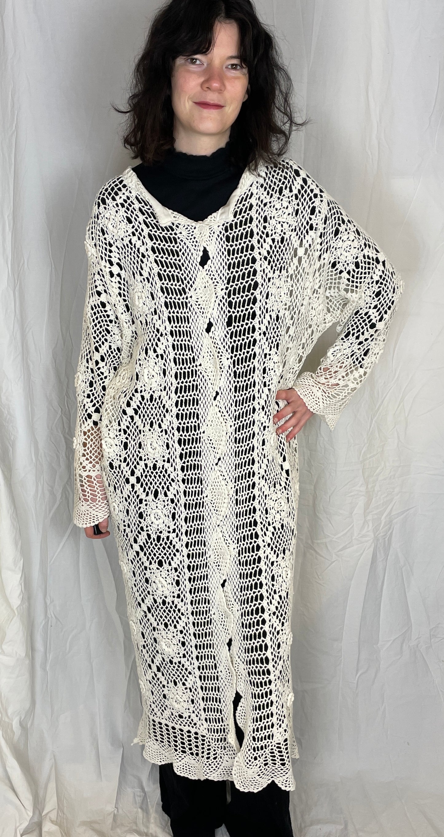 Camilla Handmade White Floral Crochet Maxi Cardigan - Up To Size 14 - scrappingell