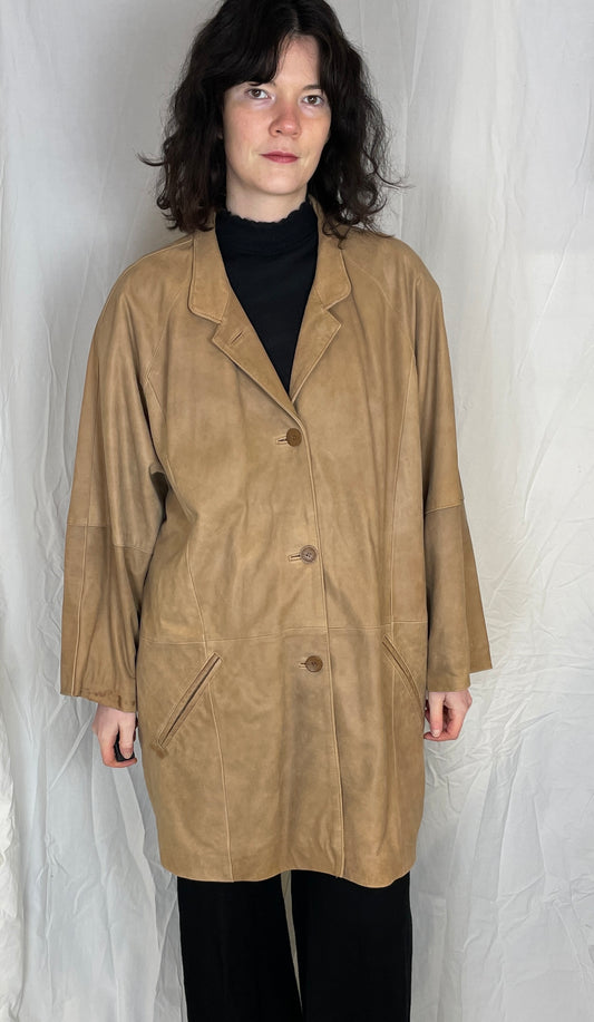 Vintage 90s Tan Brown Oversized Long Leather Coat - Up To Size 16 - scrappingell