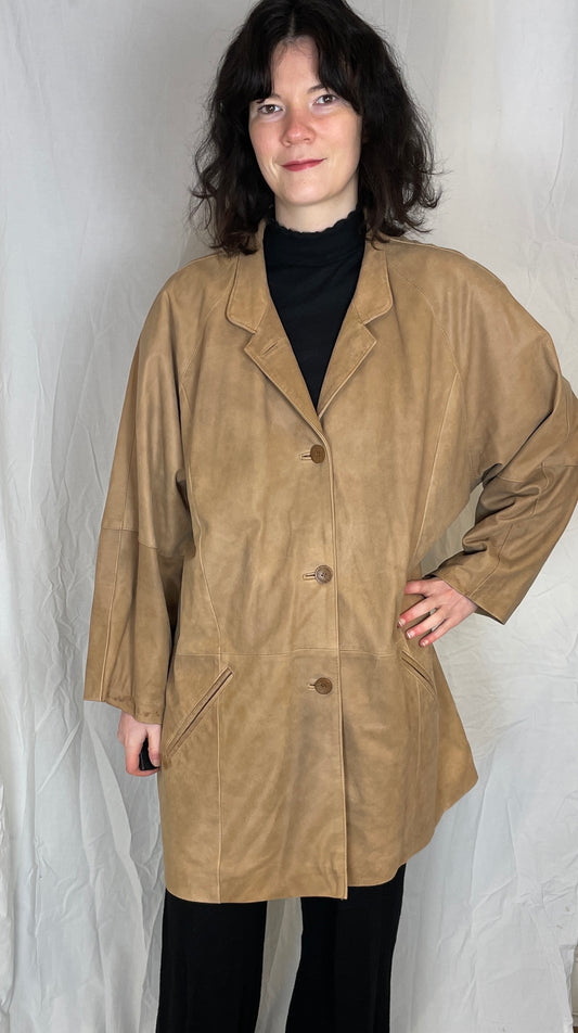 Vintage 90s Tan Brown Oversized Long Leather Coat - Up To Size 16 - scrappingell