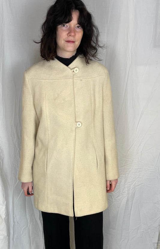 Vintage 80s Cream White Wool Collarless Coat - Up To Size 14 - scrappingell