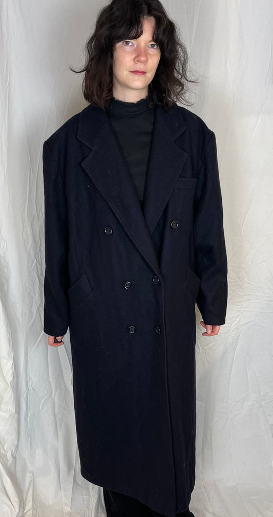Vintage 90s Black Wool Blend Double Breasted Long Coat - Up To Size 16 - scrappingell
