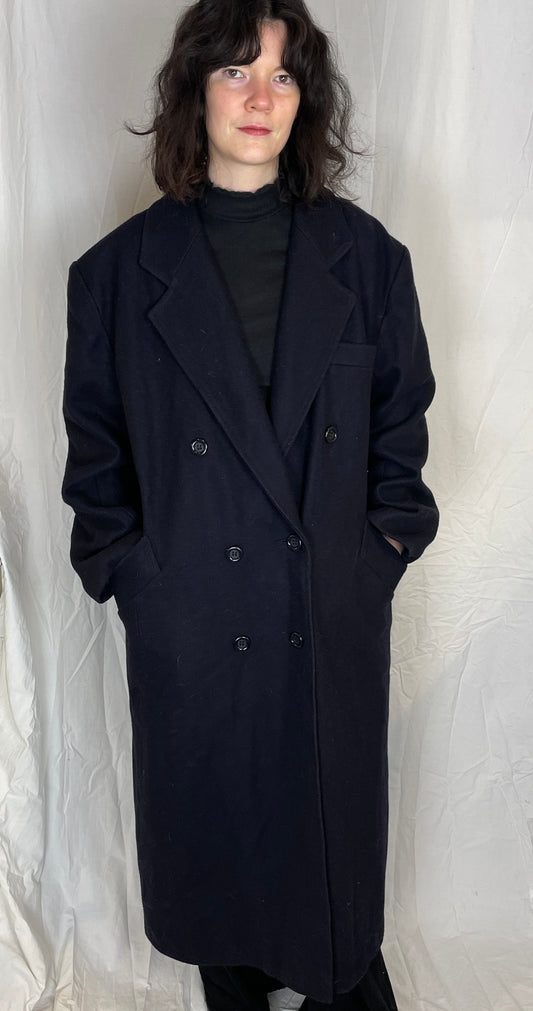 Vintage 90s Black Wool Blend Double Breasted Long Coat - Up To Size 16 - scrappingell